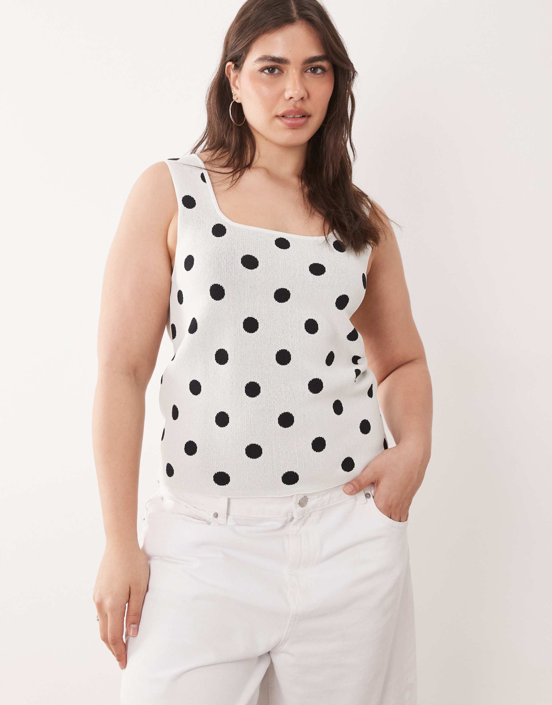 asos design curve compact square neck cami top in polka dots