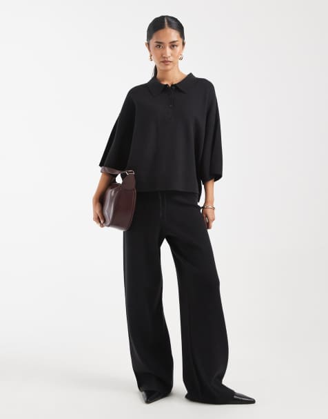 ASOS DESIGN Curve concealed placket boxy polo & wide leg pants set in nutmeg - view 1
