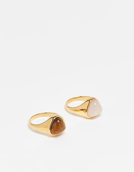 ASOS DESIGN Curve - Confezione da 2 anelli in acciaio inossidabile dorati con pietre semipreziose