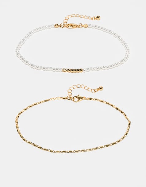 ASOS DESIGN Curve - Confezione da 2 cavigliere dorate placcate oro 14 k con perle sintetiche e catenina - view 1