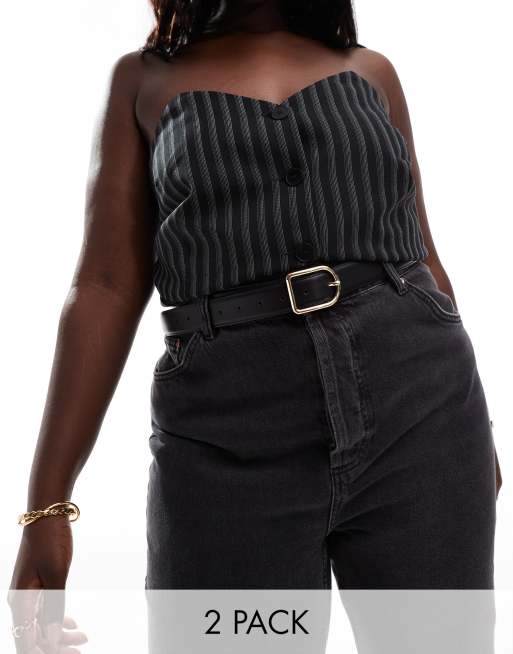 ASOS DESIGN Curve - Confezione da 2 cinture per jeans e skinny per fianchi e vita colore nero e cuoio
