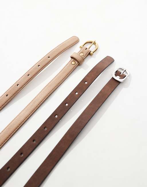 ASOS DESIGN Curve - Confezione da 2 cinture sottili per vita e fianchi cuoio e beige, 2 di 4
