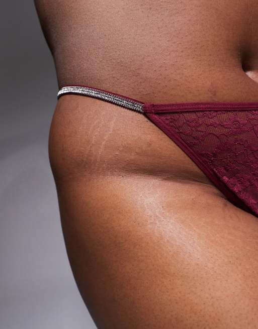 ASOS DESIGN Curve - Confezione da 2 perizomi stile tanga bordeaux con strass, 4 di 4