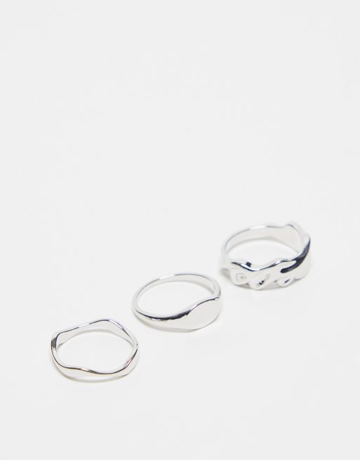 ASOS DESIGN Curve - Confezione da 3 anelli argentati con design fuso