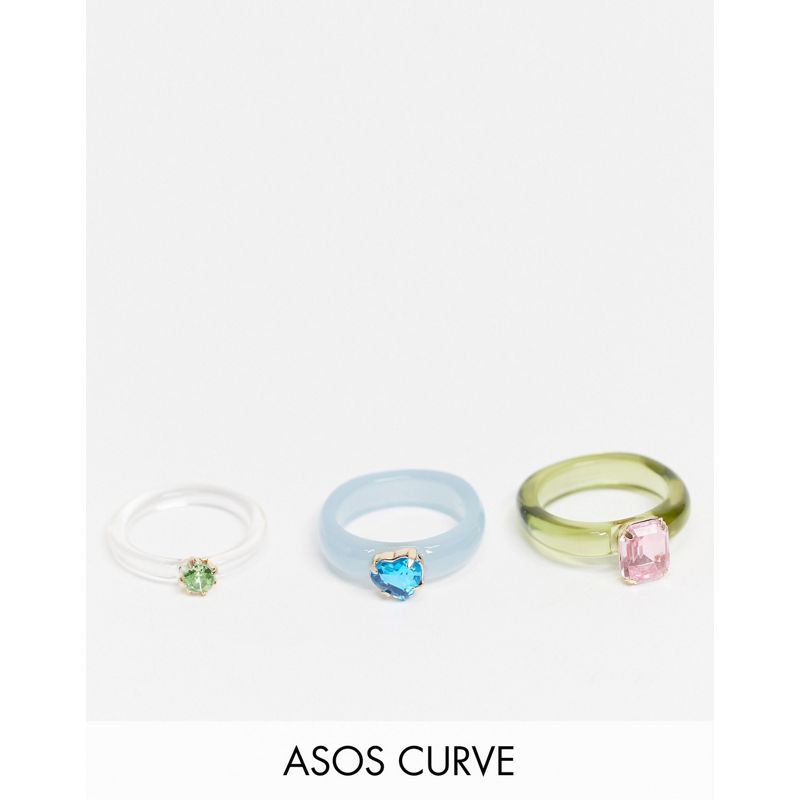 DESIGN Curve - Confezione da 3 anelli misti in plastica con cristalli colorati