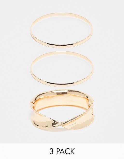 ASOS DESIGN Curve - Confezione da 3 bracciali rigidi color oro misti