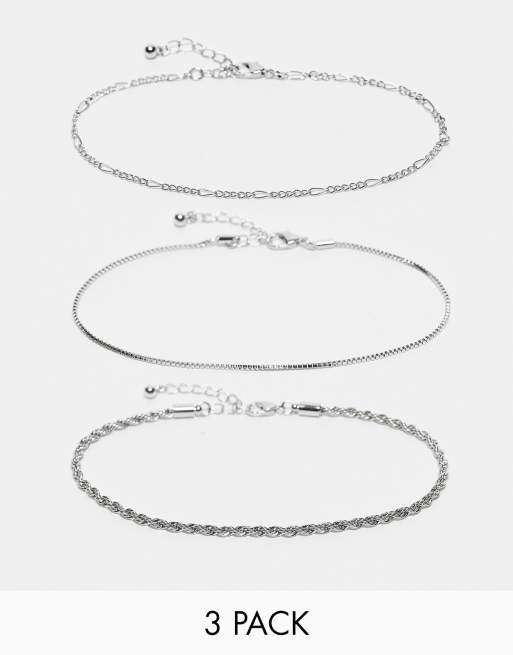 ASOS DESIGN Curve - Confezione da 3 cavigliere color argento con catenine miste