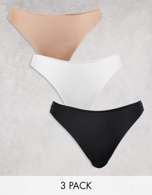ASOS DESIGN Curve - Confezione da 3 perizomi beige invisibili e in pizzo nero, bianco e beige
