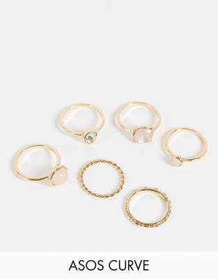 ASOS DESIGN Curve - Confezione da 6 anelli color oro con pietre multicolore
