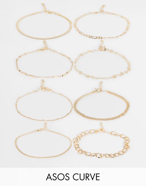 ASOS DESIGN Curve - Confezione da 8 bracciali con catenina color oro