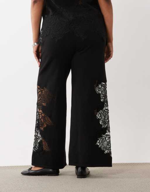 ASOS DESIGN Curve - conjunto de pantalón de punto compacto con ribete de encaje en negro, 5 de 5