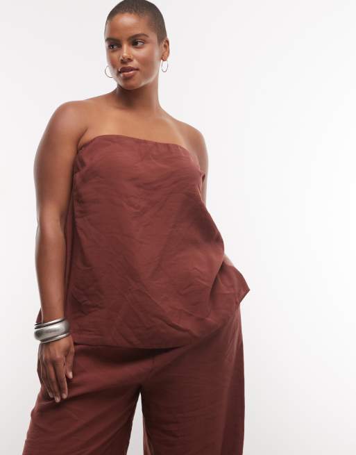 ASOS DESIGN Curve - Top marrón chocolate de top con escote palabra de honor y pantalones de pernera ancha sin cierres con abertura, 2 de 3