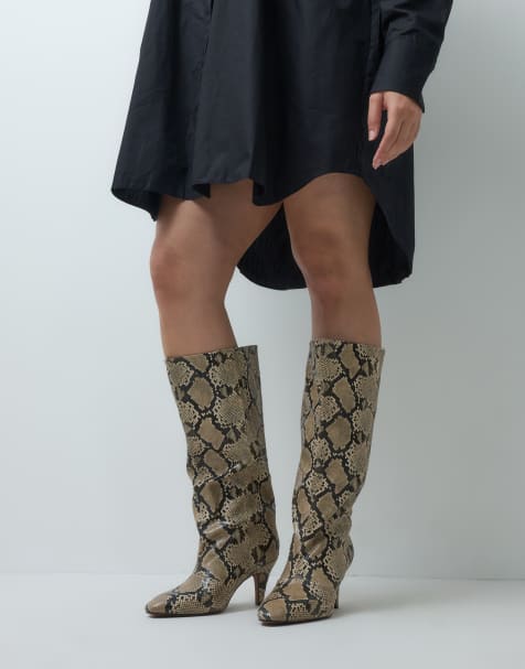 ASOS DESIGN Curve Contessa cone heel slouch knee boots in snake print - view 1