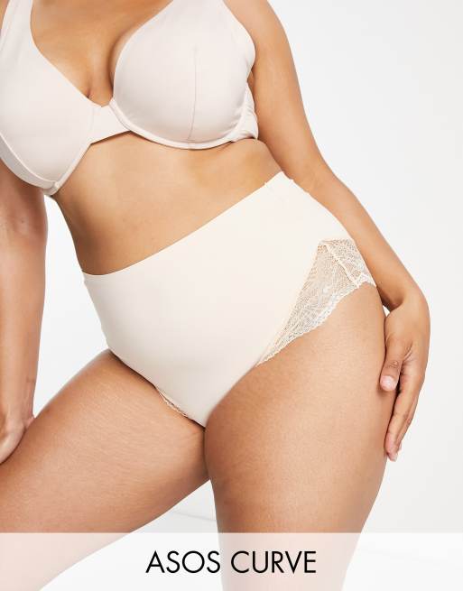 ASOS DESIGN Curve Contouring medium control high rise briefs with lace in  beige