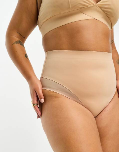 ASOS DESIGN Curve Contouring medium control high waist brief with mesh in beige - view 1