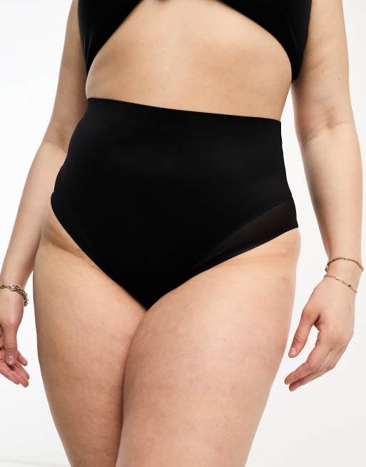 ASOS DESIGN Contouring medium control high waist thong with mesh in beige