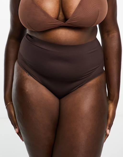 ASOS DESIGN Curve Contouring medium control high waist briefs with mesh in brown