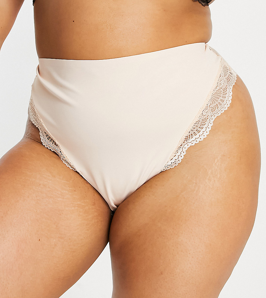 ASOS DESIGN Curve Contouring medium control thong with lace in beige-Neutral