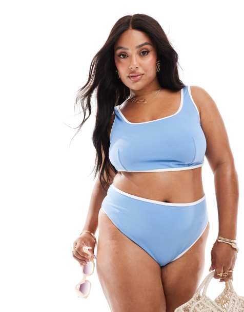 ASOS DESIGN Curve contrast binding crop bikini top in dusty blue - view 1