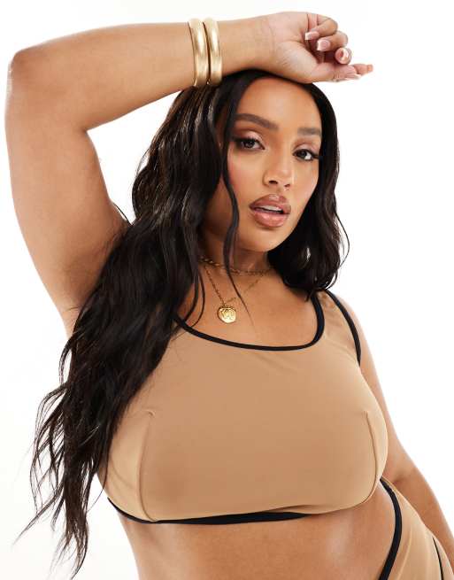 ASOS DESIGN Curve contrast binding crop bikini top in mochaccino, 4 of 4