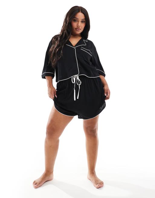 ASOS DESIGN Curve contrast binding crop pajama shirt & short set in black