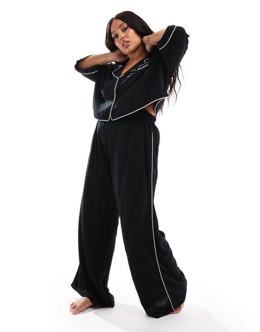ASOS DESIGN Curve contrast binding wide leg pajama pants in black