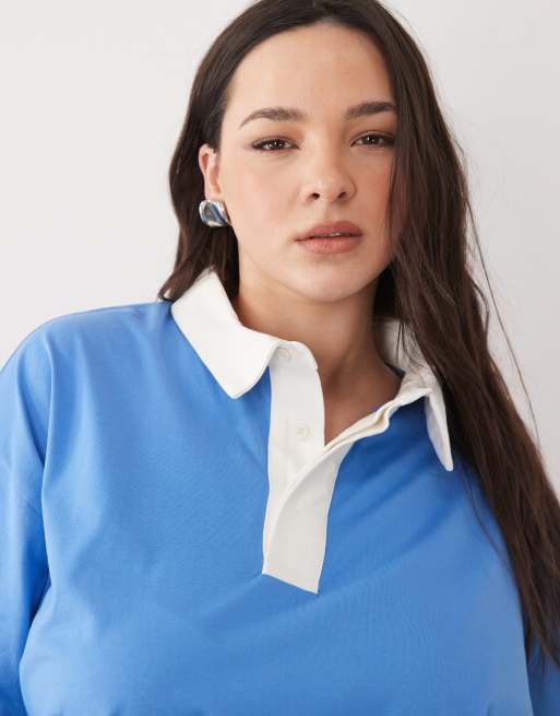 ASOS DESIGN Curve contrast collar polo t-shirt in light blue , 2 of 4