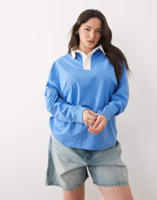ASOS DESIGN Curve contrast collar polo t-shirt in light blue , 3 of 4