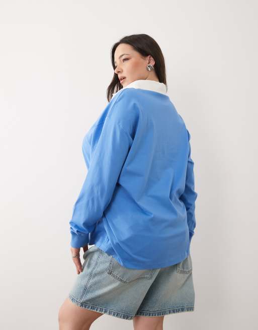 ASOS DESIGN Curve contrast collar polo t-shirt in light blue , 4 of 4