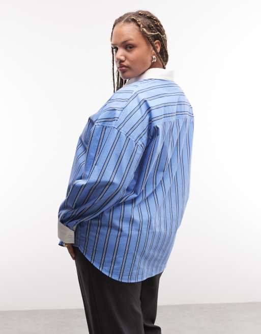 ASOS DESIGN Curve contrast collar shirt in blue stripe, 2 of 4