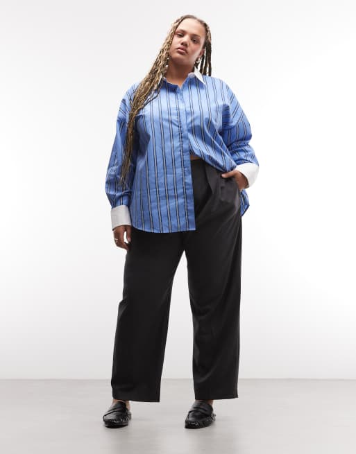 ASOS DESIGN Curve contrast collar shirt in blue stripe, 3 of 4