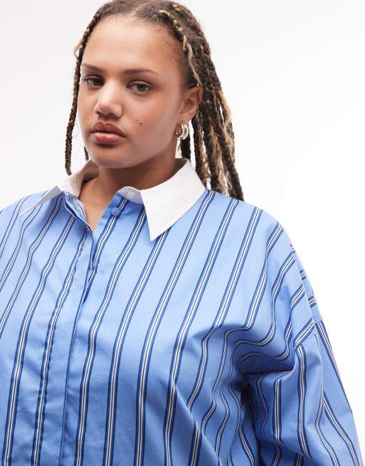 ASOS DESIGN Curve contrast collar shirt in blue stripe, 4 of 4