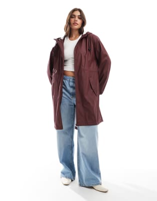 ASOS DESIGN Curve contrast detail rubberised rain parka in burgundy-Red