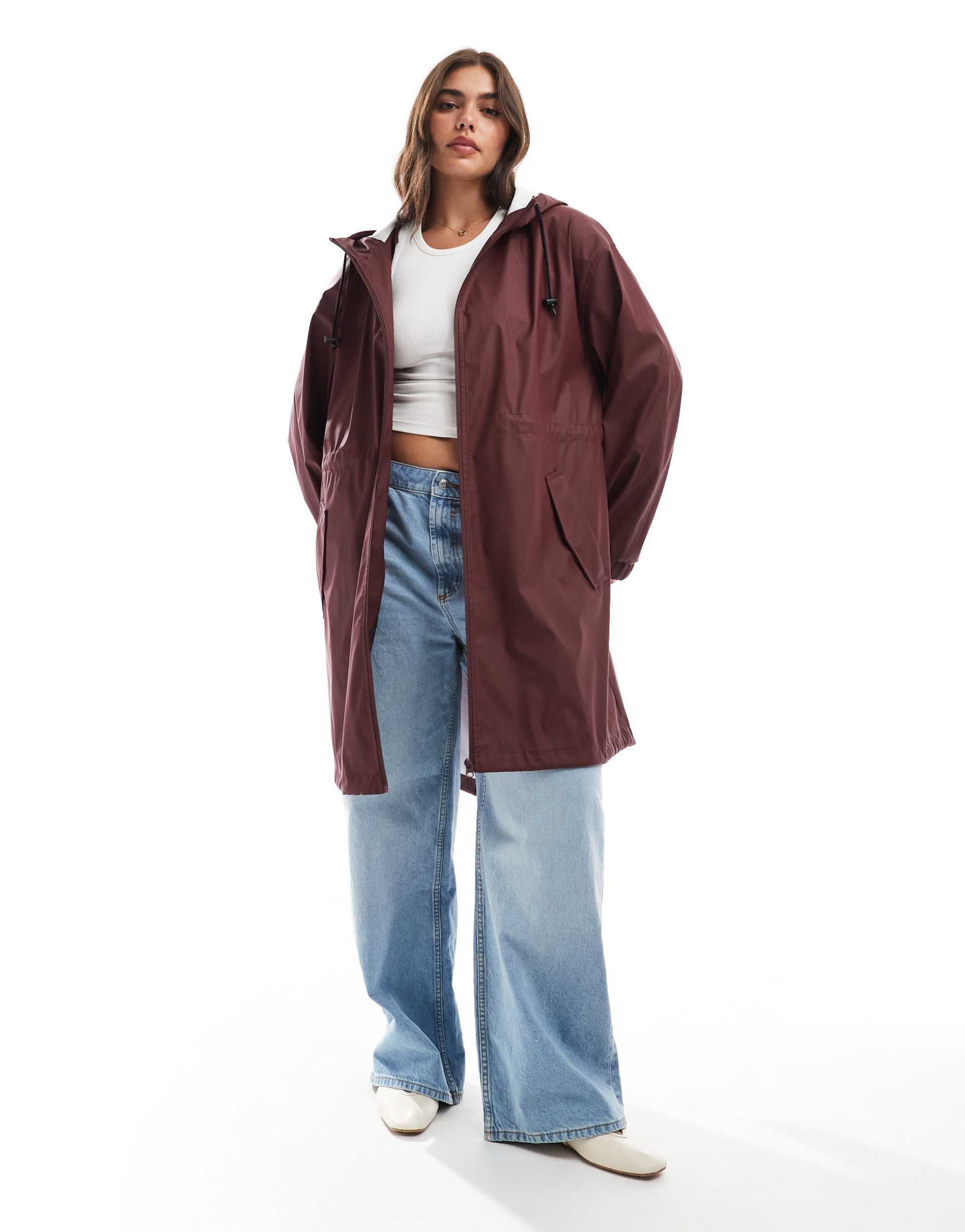 asos design curve contrast detail rubberized rain parka in burgundy