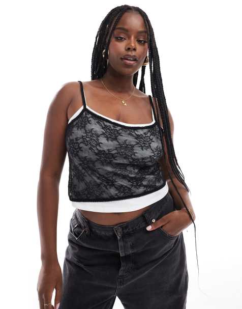 ASOS DESIGN Curve contrast double layer vest with lace overlay in mono - view 1