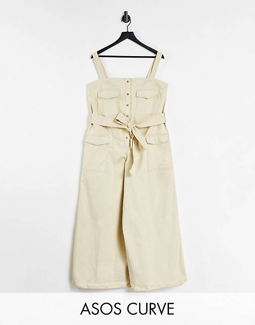 ASOS DESIGN Curve contrast stitch button front dungaree jumpsuit in stone