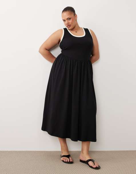 ASOS DESIGN Curve contrast trim midaxi dress in black and white - view 1