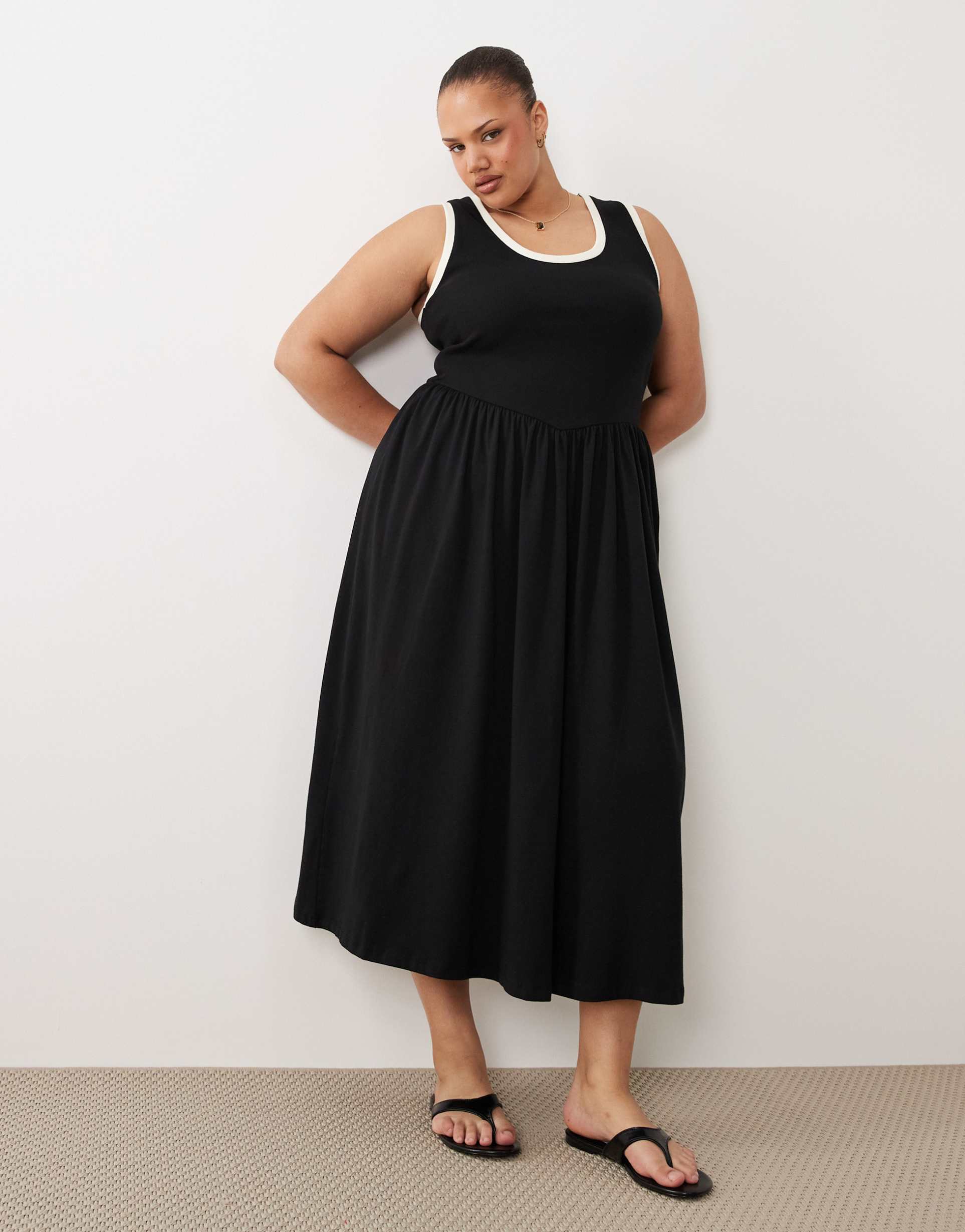 asos design curve contrast trim midaxi dress in black and white