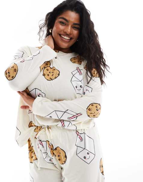 ASOS DESIGN Curve cookies and milk long sleeve top & pants pyjama set in cream - view 1