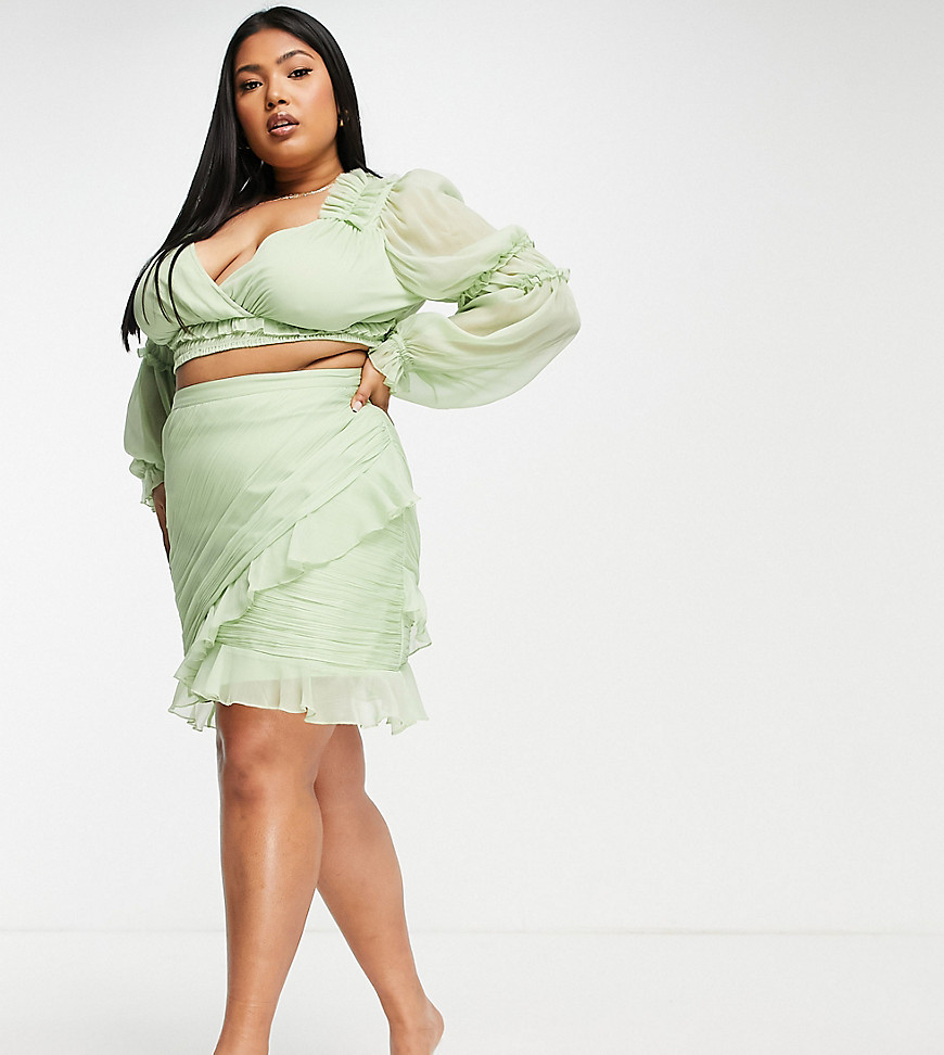 ASOS DESIGN Curve coordinating soft ruffle ruched mini skirt in mint-Green