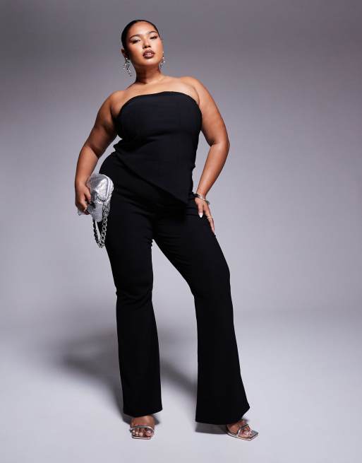 ASOS DESIGN Curve - Coordinato nero a coste con top a fascia e pantaloni