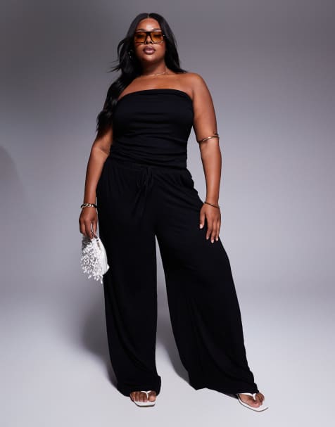 ASOS DESIGN Curve - Coordinato stropicciato nero con top a fascia e pantaloncini vaporosi - view 1