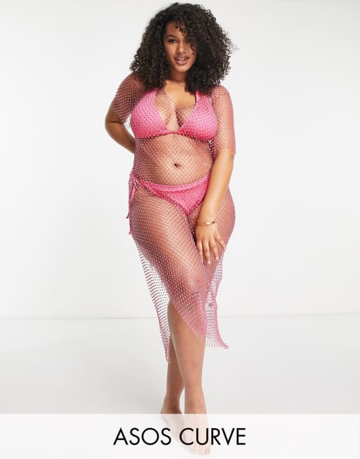 ASOS DESIGN Curve - Copricostume in rete con strass rosa