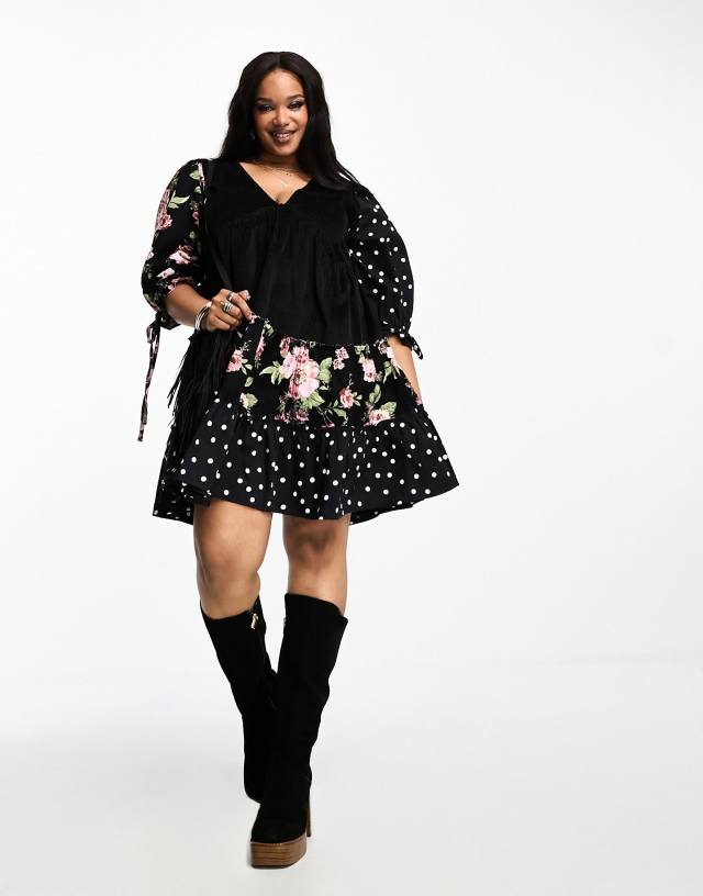 ASOS Curve - ASOS DESIGN Curve cord and twill mixed print babydoll mini dress