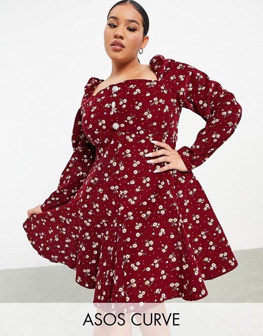ASOS DESIGN Curve cord babydoll mini dress in red print with diamante buttons