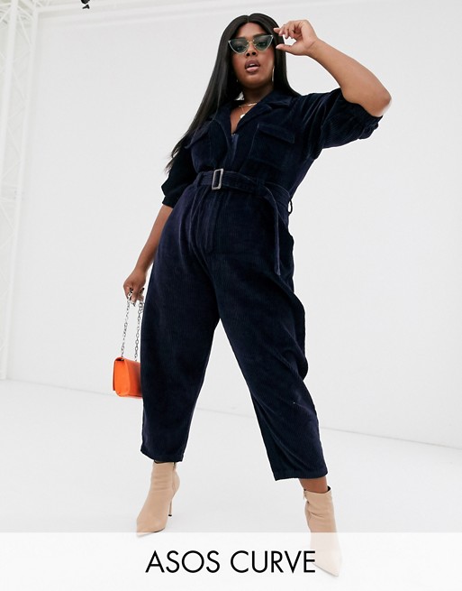ASOS DESIGN Curve cord belted jumpsuit with tapered leg