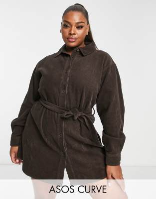 ASOS Curve ASOS DESIGN Curve cord belted shirt dress in chocolate-Brown