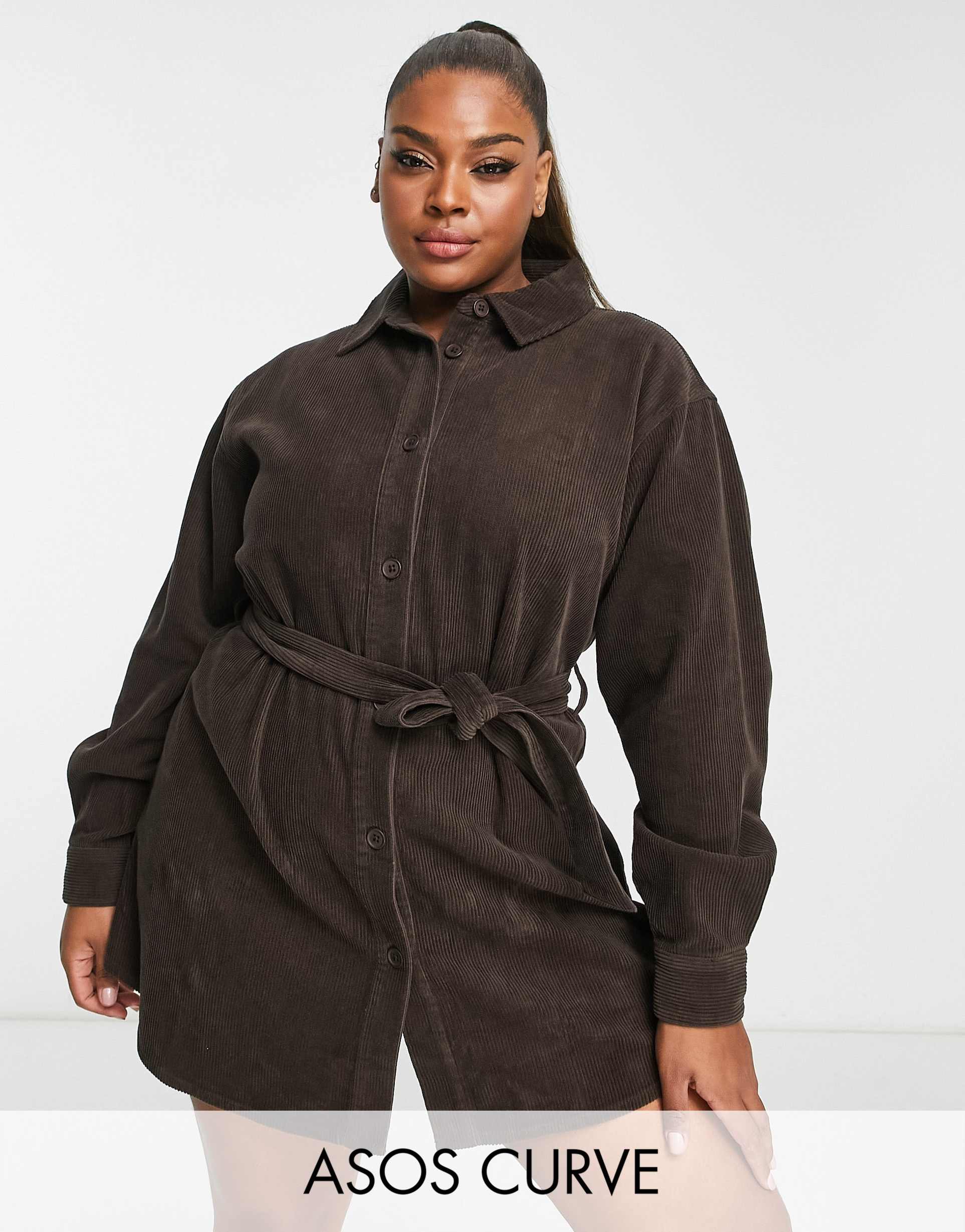 asos design curve cord belted shirt dress in chocolate