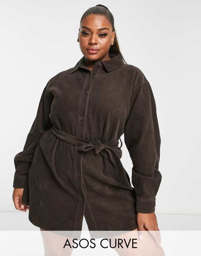 ASOS DESIGN Curve cord belted shirt dress in chocolate