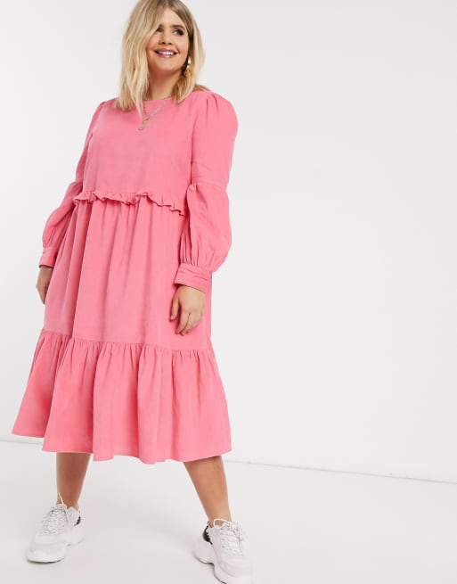 ASOS DESIGN Curve cord frill smock tiered dress in pink